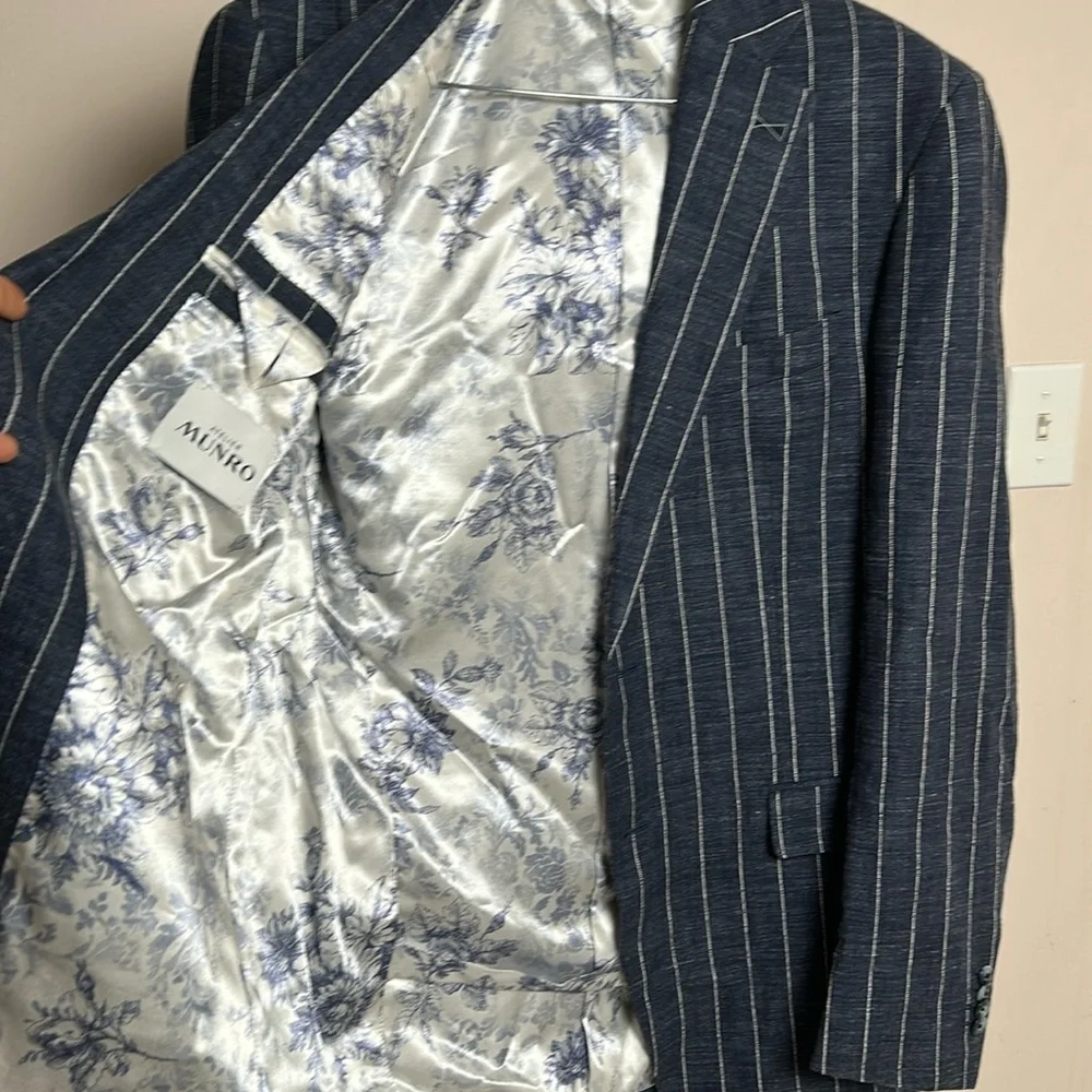 Atelier Munro Men’s Custom Made Linen Blend Striped Suit Set see measurements